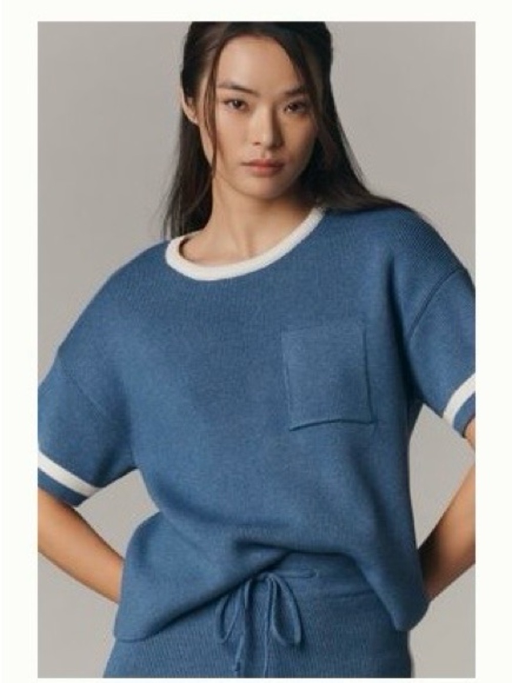 Maeve Blue Short-Sleeve Knit Sweater with Contrast Trim